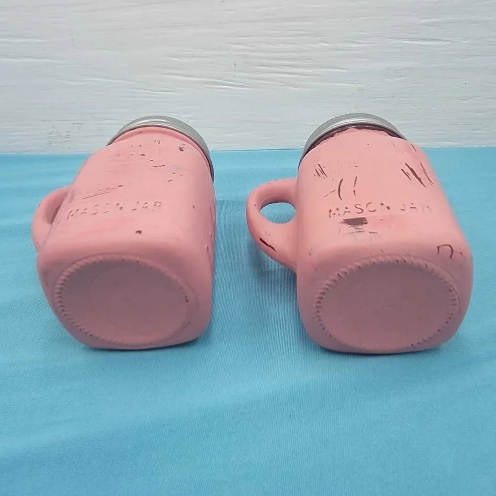 Pink Coral Mason Jar Salt Pepper Shakers Set Handle Farmhouse Kitchen Decor